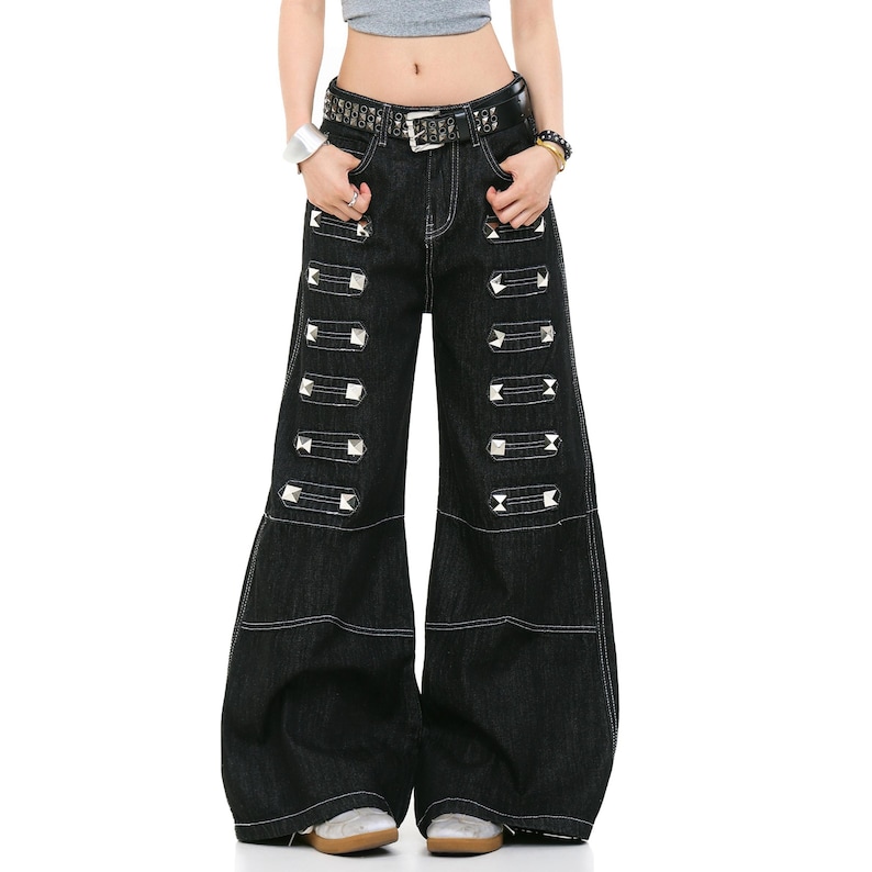 Studded Baggy Jeans | Dark Straight Leg Pants | Daily Wear | Punk Streetwear Style

Black studded wide leg jeans with rivet detail streetwear style