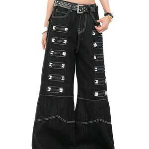 Studded Baggy Jeans | Dark Straight Leg Pants | Daily Wear | Punk Streetwear Style

Black studded wide leg jeans with rivet detail streetwear style