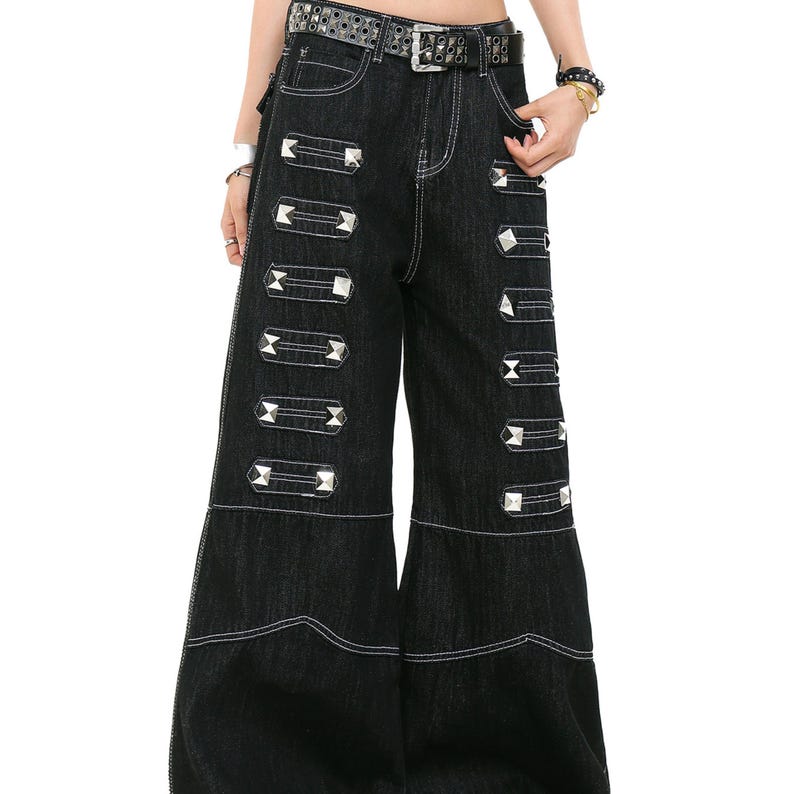 Studded Baggy Jeans | Dark Straight Leg Pants | Daily Wear | Punk Streetwear Style

Black studded wide leg jeans with rivet detail streetwear style