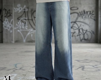 Karierte weite Jeans | Gewaschene Gerade Jeanshose | Alltagskleidung | Retro Streetwear-Stil