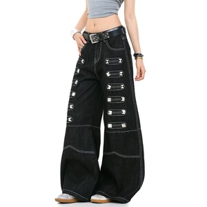 Studded Baggy Jeans | Dark Straight Leg Pants | Daily Wear | Punk Streetwear Style

Black studded wide leg jeans with rivet detail streetwear style