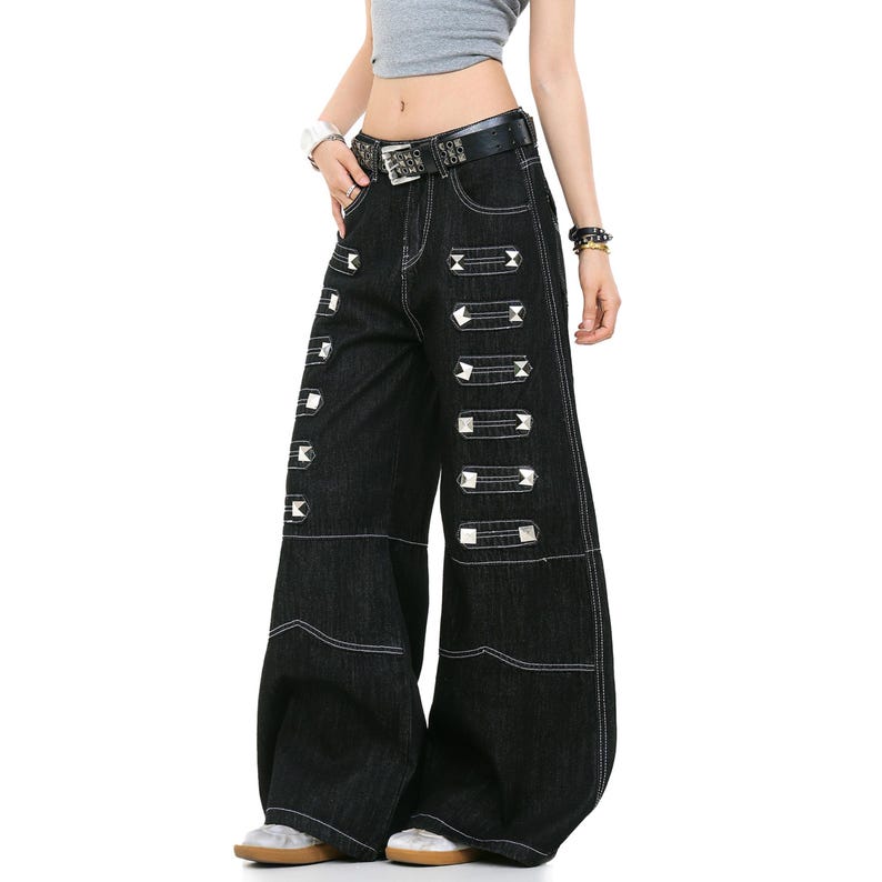 Studded Baggy Jeans | Dark Straight Leg Pants | Daily Wear | Punk Streetwear Style

Black studded wide leg jeans with rivet detail streetwear style