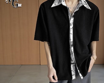 Geripptes Polo-Shirt | Gedrucktes Button Up Top | Alltagskleidung | koreanischen Streetwear-Stil