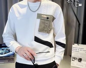 U-Heft Taschen-Sweatshirt | Kontrast Panel Pullover Top | Alltagskleidung | Minimaler lässiger Stil
