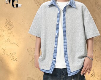 Kariertes Patchwork Shirt | Knopf Kurzarm Top | Alltagskleidung | Lässiger Streetwear Style