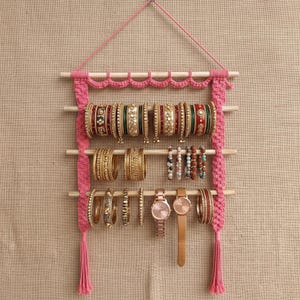 Hayat Raga Macrame Bangle Holder | Pink Cotton Cord Boho Jewelry Storage (Eco-Friendly)