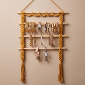 Op de afbeelding: Een wandhanger voor sieraden met mosterdgeel macramékoord geweven rond vier horizontale houten stokken. De organizer toont diverse goudkleurige armbanden, bangles en twee polshorloges die aan de houten stangen hangen.