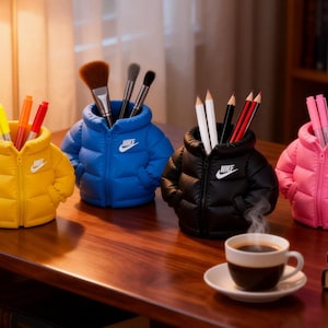 Puede incluir: Cuatro portalápices coloridos con forma de chaquetas acolchadas, en amarillo, azul, negro y rosa, cada uno con un logotipo blanco. Los portalápices están llenos de bolígrafos, lápices y brochas de maquillaje. Una taza de café está sobre la mesa.