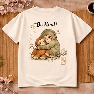 Op de afbeelding: Wit t-shirt met een cartoon illustratie van twee knuffelende apen. De tekst "Be Kind!" staat boven de apen. Het ontwerp bevat bloemelementen en Japanse tekst.