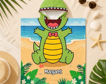 Personalized Kids Hooded Beach Towel, T-Rex Dinosaur Beach Towel, Custom Name Bath Poncho, Summer Pool Beach Gift For Boys