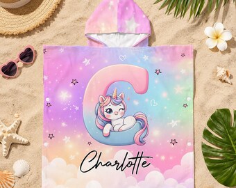 Personalized Kids Hooded Beach Towel, Unicorn Alphabet Custom Name Towel, Cute Bath Poncho, Summer Pool Beach Gift For Girls
