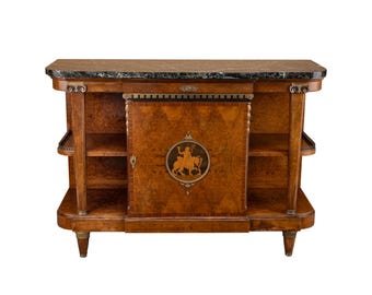 1950年代製、トゥヤ材突板仕上げのサイドボード、大理石天板、メダリオン象嵌入り