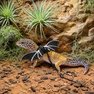Op de afbeelding: Een gele luipaardgekko met zwarte vlekken draagt een zwart tuigje met decoratieve vleermuisvleugels. Het tuigje is voorzien van een dun zwart koord in het midden en de vleugels hebben gestructureerde zwarte oppervlakken met witte randen.