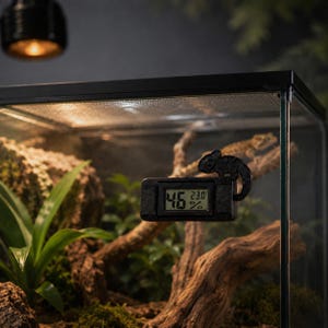 May include: A black digital thermometer and hygrometer with a chameleon-shaped accent attached to the glass wall of a terrarium. The device displays 46% humidity and a temperature of 23.0 degrees Celsius on its small rectangular screen.