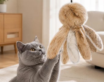 Juguete para gatos con forma de pulpo de piel de conejo, juguete para gatos hecho a mano