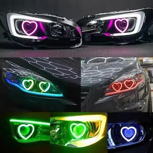 May include: A collage of car headlights with heart-shaped LED accents in various colors, including pink, green, and blue. The headlights are black and have a modern design, showcasing the custom lighting.