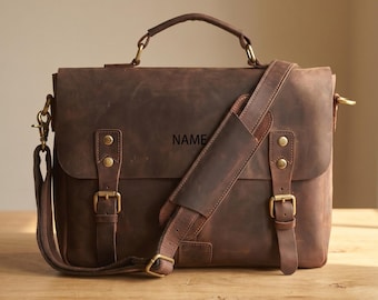 Personalisierte Crazy Horse Leder Umhängetasche: Rustikale Umhängetasche für 14-Zoll-Laptop
