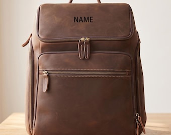 Personalized Vintage Leather Backpack: Large Laptop Travel Rucksack (15.3 Inch)
