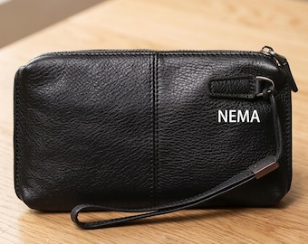 Pochette da polso personalizzata in pelle effetto invecchiato: portafoglio da viaggio con organizer per cellulare.