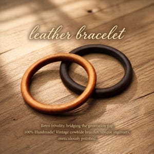 May include: Two circular bracelets, one in a light tan and one in a dark brown, are interlocked. The text "leather bracelet" appears at the top, and the text "Retro frivolity, bridging the generation gap. 100% Handmade! Vintage cowhide bracelet, unique ingenuity, meticulously polished." is at the bottom.