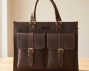 Personalized Vintage Brown Leather Briefcase: 15.6" Laptop Messenger Satchel