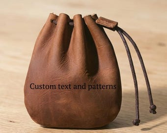 Personalized Leather Drawstring Pouch, Custom Leather Coin Purse, Small Dice Bag, Soft Leather Jewelry Pouch, EDC Organizer Gift