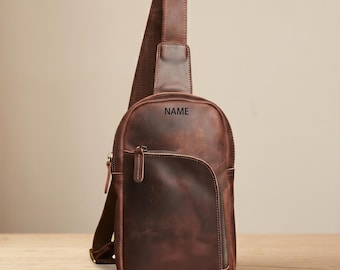 Personalized Leather Sling Bag, Vintage Crossbody Chest Pack, Genuine Travel Daypack