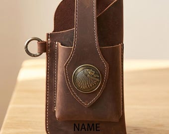 Personalized Leather Phone Holster Men Western Belt Pouch with Indian Concho Custom Cell Phone Case Cigarette Pocket Biker Gift
