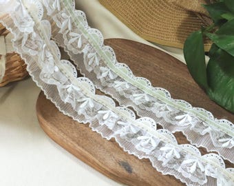 May include: Close-up of white lace trim with a scalloped edge and floral details. The lace is layered and has a delicate, airy appearance. The trim is on a wooden surface with a straw hat and green leaves in the background.