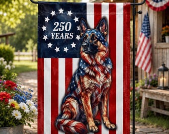 250 Years Patriotic German Shepherd Garden Flag, Double Sided American Yard Flag, Independence Day Porch Decor, Outdoor Patriotic Banner