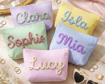 Borsa da viaggio personalizzata per damigella d'onore, borsa da spiaggia in ciniglia ricamata con monogramma, trousse da viaggio a righe, regali da sposa personalizzati, regali per