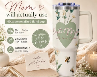 Bicchiere termico personalizzato per la mamma da 1,2 litri (40 oz), regalo personalizzato per la mamma con 2 righe di testo personalizzabili, tazza da viaggio con manico e cannuccia con motivo floreale e ape.