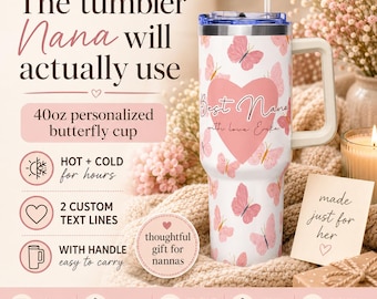 Bicchiere termico personalizzato per la nonna da 1,2 litri (40 oz), tazza da viaggio personalizzata con farfalla, regalo per la nonna con 2 frasi personalizzate, tazza termica con manico.