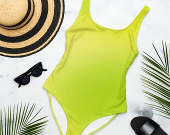 Lime Splash Low Back One Piece Swimsuit | Citrus Yellow Green Gradient Bathing Suit | Recycled Sustainable Plus Size Swimwear For Women