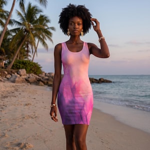 May include: A sleeveless mini dress featuring a gradient pattern that transitions from a soft pale pink at the neckline to a deep, vibrant purple at the hem. The dress has a scoop neckline and a fitted silhouette that ends above the knee.
