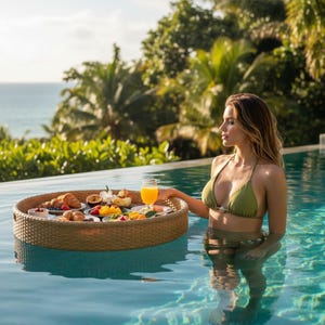 Könnte beinhalten: Ein runder, geflochtener Tablett mit Frühstücksartikeln schwimmt in einem Pool. Das Tablett enthält Croissants, Obst und ein Glas Orangensaft. Eine Person in einem grünen Bikini steht im Pool und hält das Tablett.