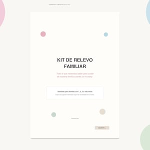 Puede incluir: Un documento blanco titulado KIT DE RELEVO FAMILIAR con el subtítulo Todo lo que necesitas saber para cuidar de nuestra familia cuando yo no estoy. Incluye un recuadro que dice Diseñado para familias con 1, 2, 3 o más niños y un botón con la palabra SIGUIENTE.