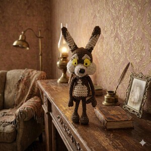 May include: A handmade crochet coyote doll with brown and tan yarn. The coyote has large ears, yellow eyes, and a white muzzle. It is standing on a wooden table with a vintage lamp, a framed photo, and a book.