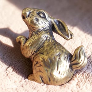 May include: A small, metallic, gold-toned brass figurine of a rabbit in a seated, upright position. The rabbit has textured fur detailing, long ears, and a short tail, with its front paws raised near its chest and its head tilted upward.