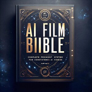 May include: A hardcover book titled "AI Film Bible" with gold lettering and accents on a dark blue background. The book's cover features an art deco design with the text "COMPLETE PROMONT SYSTEM FOR CONSISTENCE AI VIDEOS".