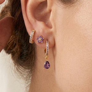 Purple Flower February Birthstone Hoop Stud Earrings Set 18K Gold Teardrop Drop Jewelry Mother’s Day Birthday Bridesmaid Gift for Women