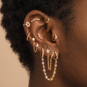 Conjunto de pendientes de aro con estrella y luna de plata 925, cadena con borla, piercing de cartílago, joyería minimalista apilable, regalo de cumpleaños para ella, regalo de cumpleaños para todos los días