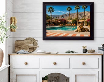 Lion by Pool Canvas Print – Surreal Desert Resort Wall Art, Whimsical Animal Decor