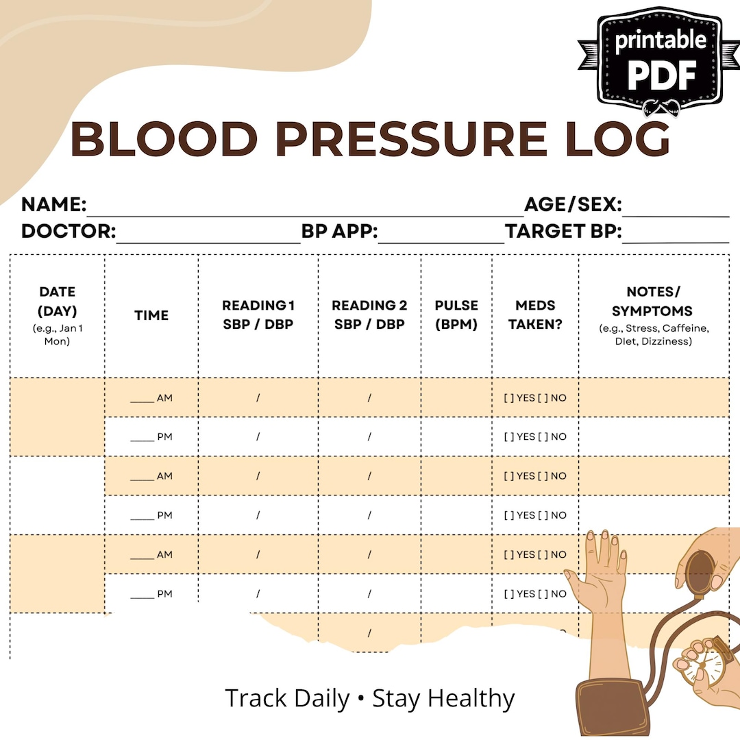 Blood Pressure Log Printable PDF | BP Tracker Sheet, Hypertension ...