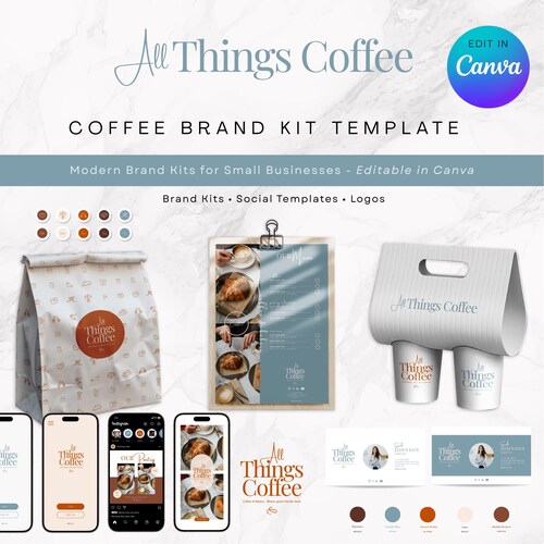 Kit de imagen de marca para cafeterías modernas: Plantilla de Canva / Logotipo de cafetería / Recursos para redes sociales (Descarga digital)
