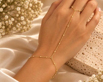 Pulseira de mão em ouro 14K, delicada pulseira para dedo com anel ajustável.