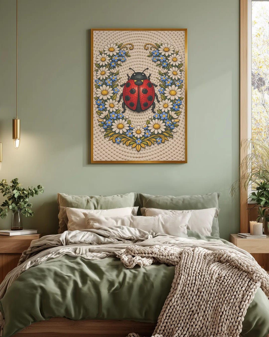 Ladybug Wall Art Printable, Floral Wreath Art, Embroidered Effect ...