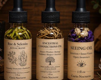 Set de aceites para la conexión espiritual • Ruda y selenita, conexiones ancestrales, aceite para la visión • Paquete de limpieza, protección e intuición • Set de aceites rituales