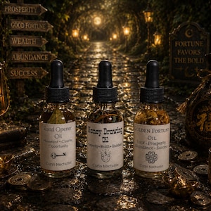 Trinity of Fortune Oil Set • Vägöppnare, Pengateckning och Gyllene Lycka • Paket med rituella oljor för överflöd, tur och möjligheter