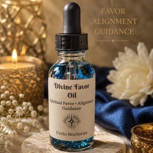 May include: A clear glass bottle of "Divine Favor Oil" with a black dropper, filled with blue liquid and glitter. The label includes text: "Spiritual Favor, Alignment, Guidance" and "Curio Nocturne". The bottle sits on a stone surface.